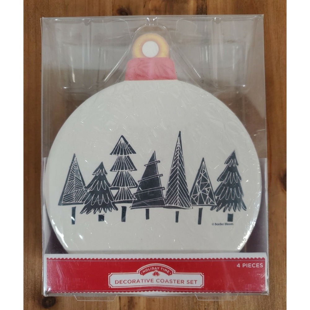 Holiday Time Coasters Ornament Shaped Modern Christmas Trees Stoneware Set of 4